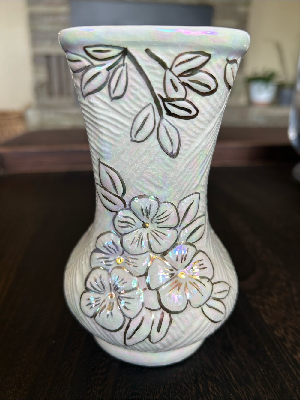 Vintage F.C.O.L.A. Iridescent Floral Vase White Lusterware Pottery 5.5”